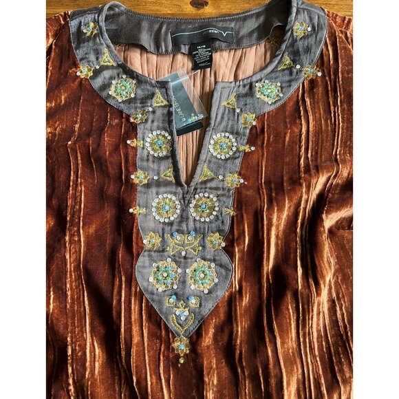 Venezia Womens Velvet Embellished Tunic Top Brown Long Sleeve Boho Blouse 14/16 - Picture 7 of 11